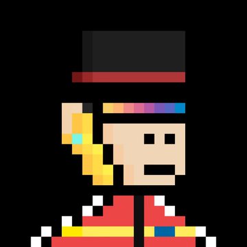 A pixel art character on a black background wears a black top hat with a red band, a rainbow headband, has blonde hair with a blue earring, and wears a red outfit with a yellow belt featuring a blue buckle.