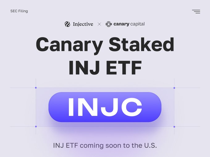 Promotional graphic for the 'Canary Staked INJ ETF' partnership between Injective and Canary Capital, announcing 'INJ ETF coming soon to the U.S.' with a SEC Filing label.