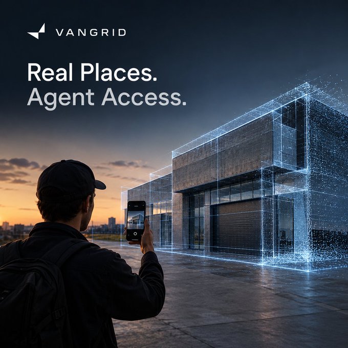 An advertisement for 'VANGRID' displays the tagline 'Real Places. Agent Access.' alongside an image of a person using a smartphone to view a holographic wireframe of a building at dusk.