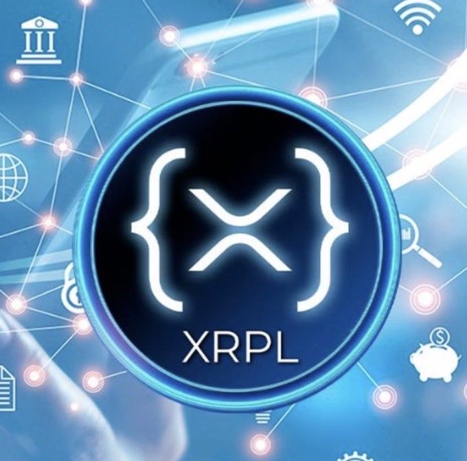 A digital graphic shows the XRP cryptocurrency logo—a blue circle with an 'X'—surrounded by network node graphics and various tech and finance icons.