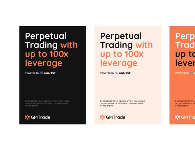 Three promotional banners for GMTrade advertising 'Perpetual Trading with up to 100x leverage' powered by Solana, displayed in black, peach, and orange color schemes.