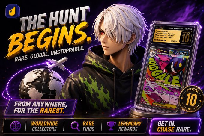 Anime-style promotional banner featuring a white-haired character in a flame-patterned hoodie alongside a CGC-certified Pristine 10 graded Japanese "Megazard S" card, advertising DripShop's global shipping for rare Pokémon card collectors. Key text includes "THE HUNT BEGINS. RARE. GLOBAL. UNSTOPPABLE." and "FROM ANYWHERE, FOR THE RAREST," with badges highlighting Worldwide Collectors, Rare Finds, Legendary Rewards, and a "GET IN. CHASE RARE." call-to-action.