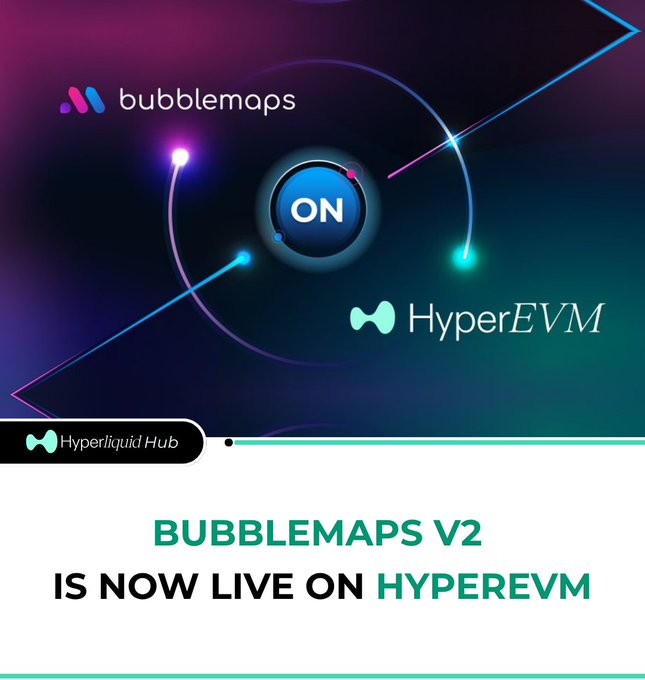 The image features an advertisement for Bubblemaps Version 2 of the on-chain visualization tool HyperEVM. The background of the image is a dark purple color, with a light blue circle containing three lines radiating outwards from the center. Below this image, there's text that reads "Breaking: Bubblemaps V2 is now live on HyperEVM". This suggests that the post has been recently published and is now available for viewing. The title of the post is "On bubblesmaps v2", indicating that it is about a new version or update to the tool.