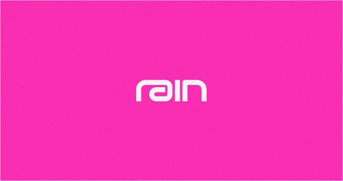 The image features a stylized "rain" logo in white lowercase letters centered on a vibrant pink/magenta background, representing the fintech/crypto company Rain that the post praises as an excellent workplace hiring across software engineering, product, and data roles.