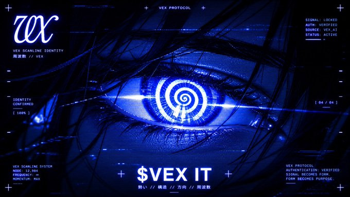 A cyberpunk-style graphic featuring a blue glowing eye with a spiral pupil, labeled 'VEX PROTOCOL' and '$VEX IT', with text indicating 'VEX SCANLINE IDENTITY' and 'STATUS: ACTIVE'.