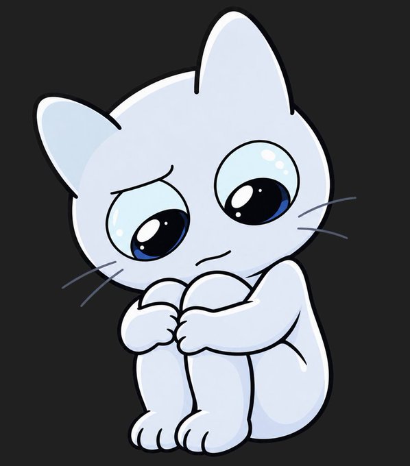 A cute cartoon illustration of a white cat with large, sad blue eyes, holding its paws together against a dark gray background in a chibi anime style.