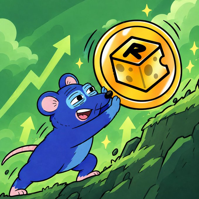 A cartoon illustration of a blue mouse pushing a large gold coin featuring the letter 'R' up a grassy hill with upward-pointing green arrows.