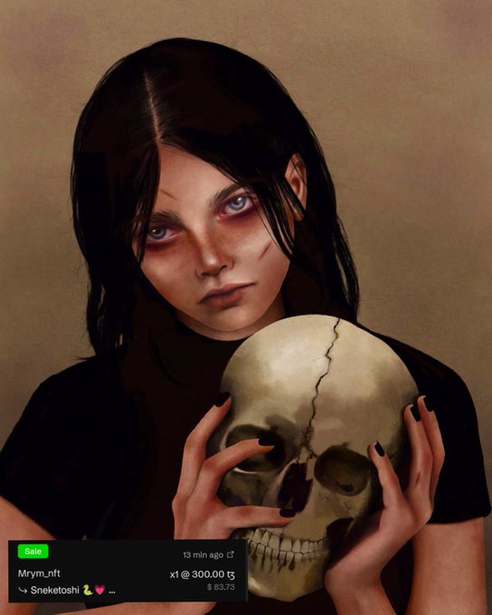 A digital painting of a dark-haired woman with bruised eyes and cuts on her face, holding a cracked skull, with an overlay showing a NFT sale notification for 'Mrym.nft' by Sneketoshi at 300.00 t ($83.73).