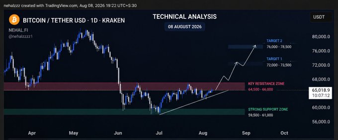 A TradingView daily chart of **BITCOIN / TETHER USD (BTCUSDT) on Kraken** dated **08 August 2026**, showing BTC trading at **65,018.9** just below a **Key Resistance Zone (64,500–66,000)** and above a **Strong Support Zone (59,500–61,000)**, with projected upside targets at **72,000–73,500** and **76,000–78,500**. The chart visually reinforces the post's bullish outlook, illustrating the forming higher-low structure and the critical $66K resistance level that needs to be broken to trigger a rally toward the $72K–$78.5K targets.