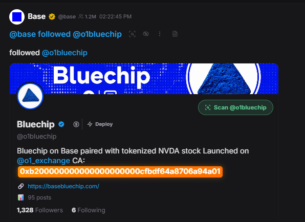 Base (@base) has officially followed @o1bluechip, which describes itself as "Bluechip on Base paired with tokenized NVDA stock" launched on @o1_exchange with contract address 0xb2000000000000000000000cfbdf64a8706a94a01, confirming the milestone celebrated in the congratulatory post.