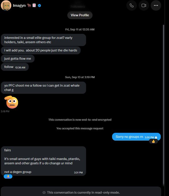 A screenshot of an Instagram DM conversation dated September 11-13, 2023, in read-only mode, where someone requests to join a small elite group chat for "zcat? early holders, taiki, ansem others," offering about 20 spots to die-hard fans, but receives a reply "Sorry no groups rn" followed by a description of the group as a small number of guys with taiki maeda, ptardio, ansem and others, explicitly noting "not a degen group."