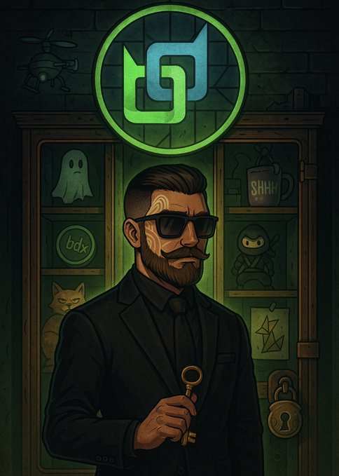 An illustrated portrait of a bearded man in sunglasses and a black suit holding a golden key, with a green infinity-like logo above his head and a shelf of hacker-themed icons (ghost, ninja, 'SHHH' mug, cat, padlock) behind him.
