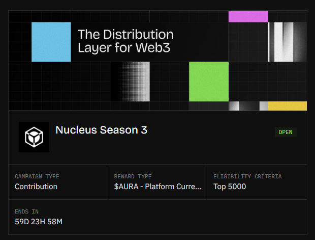 A dark promotional graphic for 'Nucleus Season 3' campaign, advertising 'The Distribution Layer for Web3' with $AURA rewards, top 5000 eligibility, and 59D 23H 58M remaining.