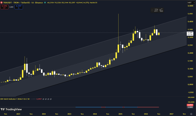 A TradingView candlestick chart for TRXUSDT (TRON/USDT) on Binance showing an upward price trend within a channel pattern.