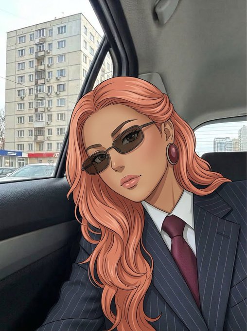 A stylized digital illustration of a woman with long orange hair, sunglasses, and a pinstripe suit sitting inside a car.