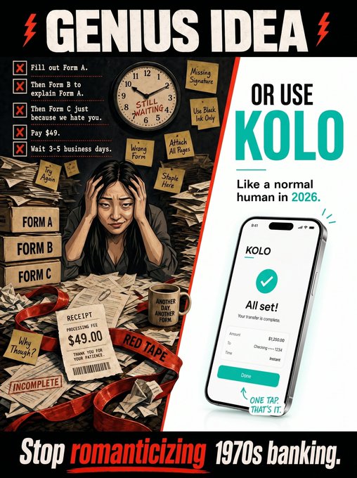 The image features an advertisement for a mobile app called "Kolo Hub" that allows users to pay with Bitcoin, which is a digital currency. The poster includes a woman sitting at a desk surrounded by various items such as papers, books, and a cell phone. The text on the poster encourages users to use the app instead of traditional banking methods like using cash or credit cards for convenience and ease.