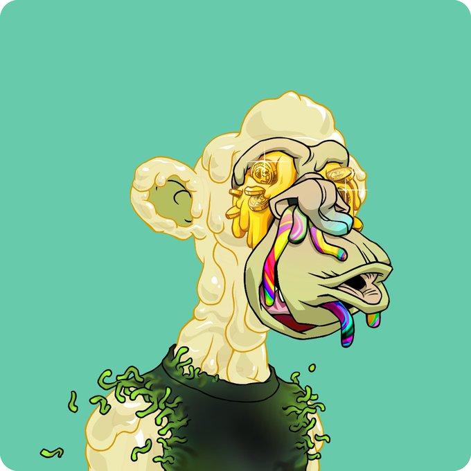 A digital illustration depicts a grotesque, cartoonish figure with a melted face, gold teeth, and a colorful tongue dripping from its mouth against a teal background.