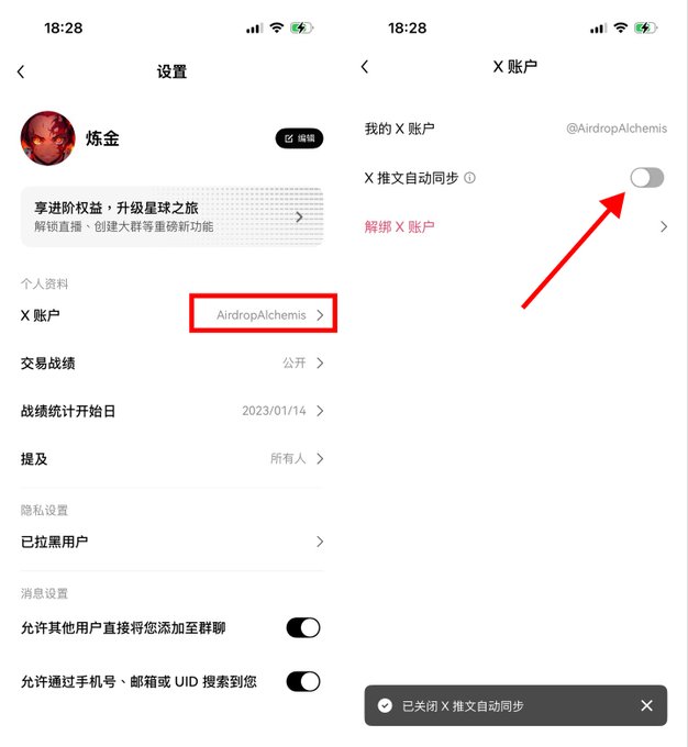 A screenshot of a mobile app settings menu in Chinese, showing an X account setting for "AirdropAlchemis" with a red arrow pointing to a toggle for auto-syncing X posts.