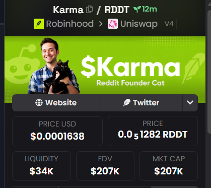 A cryptocurrency tracker screen showing $Karma token with a 'Reddit Founder Cat' banner, featuring a price of $0.0001638 USD, liquidity of $34K, and FDV/MKT cap of $207K.