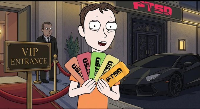 An animated scene shows a character (resembling Morty from Rick and Morty) holding five colorful tickets labeled 'FTSQ' outside a VIP entrance, with a black sports car and a man in a suit in the background.