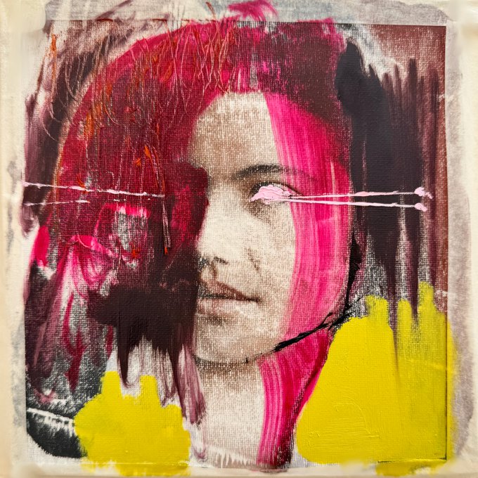A painted portrait of a face using bold strokes of red, pink, black, and yellow over a printed photographic image, with a horizontal pink line crossing the eyes.