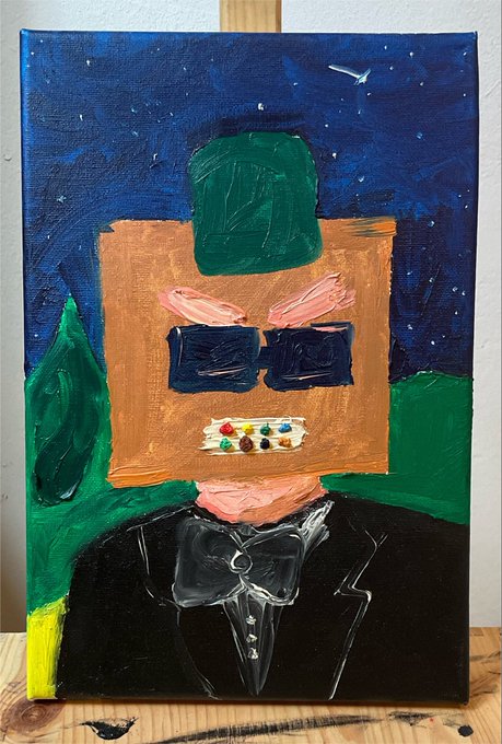 A pixelated/acrylic painting depicting Steve from Minecraft in a tuxedo with a bow tie, wearing a tuxedo on a wooden easel.