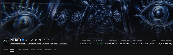 The image shows a dark, ornate banner with mystical eye motifs displayed above a crypto token tracker page for NTRPY, showing a current price of 0.0321 ETH with a +78.2% gain, top offer of 0.0285 ETH, and a 24-hour volume of 30.23 ETH (84.71 ETH cumulative). This visually supports the post's celebration of NTRPY reaching a new all-time high of 0.0321 ETH and the rising trading volume across the collector set, while the author notes they are still holding in anticipation of potential upcoming developments.
