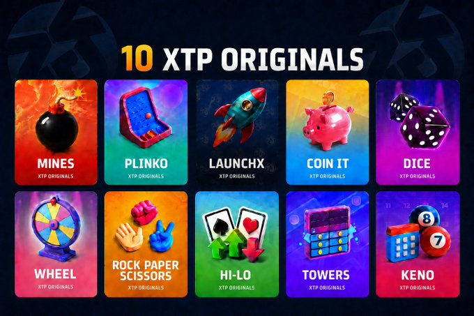 A promotional graphic displaying '10 XTP ORIGINALS' games including Mines, Plinko, LaunchX, Coin It, Dice, Wheel, Rock Paper Scissors, Hi-Lo, Towers, and Keno.