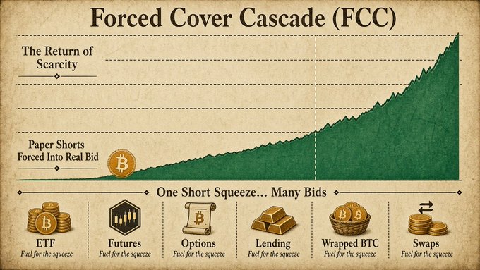 An infographic titled 'Forced Cover Cascade (FCC)' depicting 'The Return of Scarcity' with a green upward price chart, noting 'Paper Shorts Forced Into Real Bid' and 'One Short Squeeze... Many Bids' across categories: ETF, Futures, Options, Lending, Wrapped BTC, and Swaps.