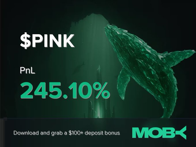 A promotional graphic for Moby featuring a large green whale against a dark ocean backdrop, displaying "$PINK" with a PnL of "245.10%," alongside text inviting users to "Download and grab a $100+ deposit bonus" with the Moby logo. The image celebrates a trader's successful +245.10% profit on the $PINK token, visually emphasizing the win with the prominent whale graphic often associated with large market gains.
