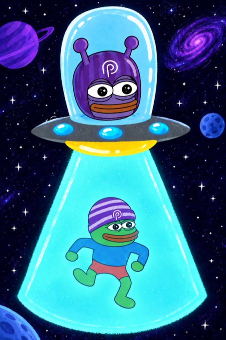A colorful digital illustration depicting a purple alien in a flying saucer using a tractor beam to abduct a small green frog-like character wearing a striped purple hat, set against a starry space background with planets.