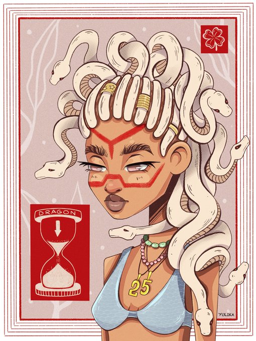 An artistic illustration styled like a tarot card, signed 'YULIKA,' depicting a woman with snake-like hair, red facial markings, a '25' necklace, and a 'DRAGON' hourglass symbol.
