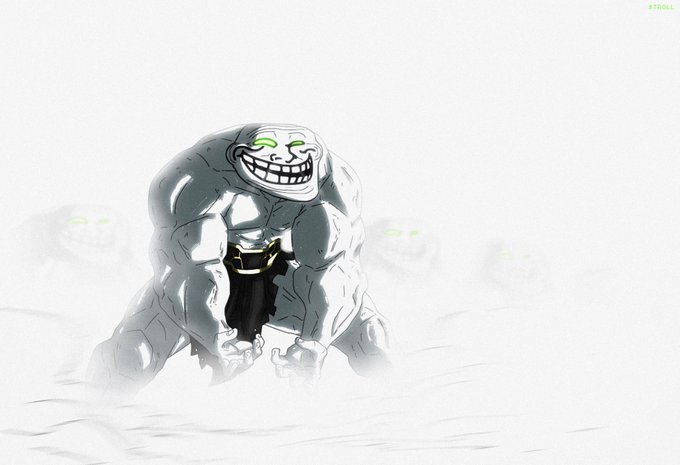 A stylized illustration of a muscular grey troll-like creature with glowing green eyes and a wide, menacing grin, crouching on a misty white surface with shadowy figures in the background. A small "#TROLL" hashtag is visible in the corner.