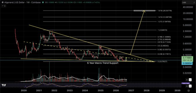 A cryptocurrency chart for 'Algorand / US Dollar' (ALGOUSD) on Coinbase shows a weekly candlestick analysis with Fibonacci retracement levels and a '6 Year Macro Trend Support' line.