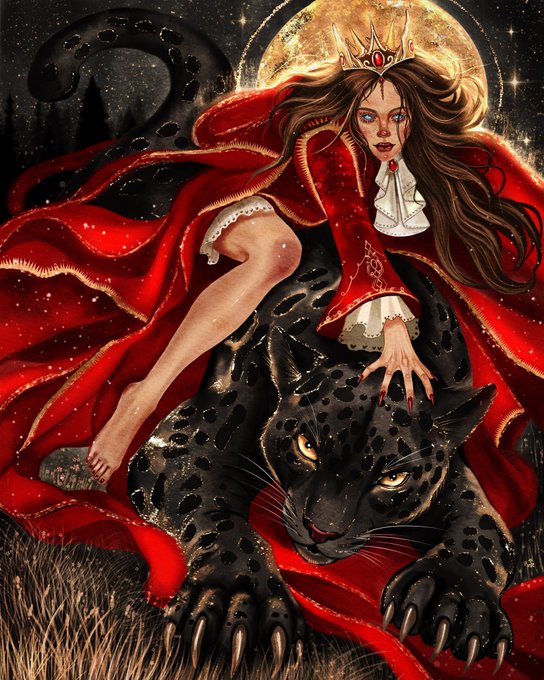 Fantasy artwork depicts a crowned woman in a red cloak riding a large black panther beneath a glowing moon.