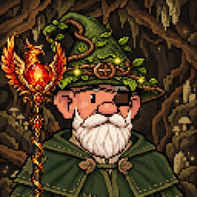 Pixel art portrait of a dwarf wizard or druid with a green leaf-adorned hat, an eyepatch, a white beard, and a flaming staff.