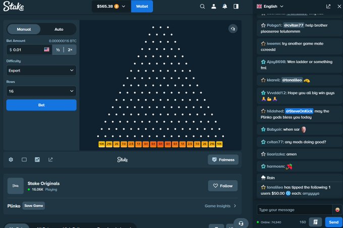 This image shows a Stake Originals Plinko game with a bet amount of $0.01, 16 rows, and expert difficulty, relevant to the post about claiming and helping others. The accompanying post is also visible on the right side, mentioning the @Stake Plinko game.