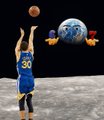 An AI-generated or pixel-art image of a basketball player in a blue jersey shooting a basketball on a lunar surface with Earth visible in the background.