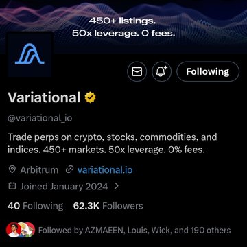 The image shows a Twitter post with a caption that reads " twitter/ @variationalio # tradingperps on crypto, stocks, commodities, and 450m markets, 50x leverage, 0 fees. Follow @vartionalio for more information." The post is about trading perps on cryptocurrency and how it could become one of the biggest narratives this cycle. It also mentions that there are two people following the post who seem interested in learning more about trading perps on crypto.