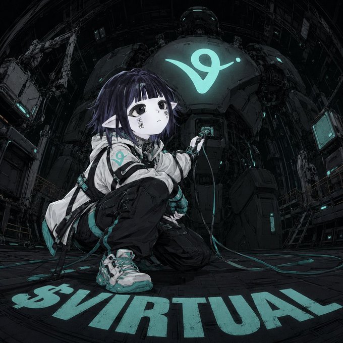 An anime-style illustration of a dark-haired character crouching in a futuristic, dark mechanical setting with the stylized teal text '$VIRTUAL' displayed on the ground and a glowing 'V9' logo above.