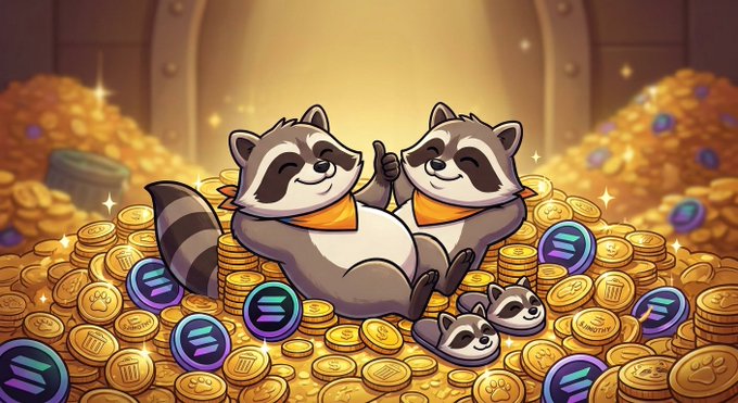 Two cartoon raccoons lounge happily atop a massive pile of gold coins and Solana ($SOL) tokens, with a tiny baby raccoon peeking out below — capturing the relaxed, "sitting pretty" feeling of hodling $Jimothy.