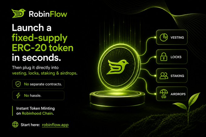 RobinFlow advertisement offering to launch a fixed-supply ERC-20 token in seconds with features including vesting, locks, staking, and airdrops on Robinhood Chain.