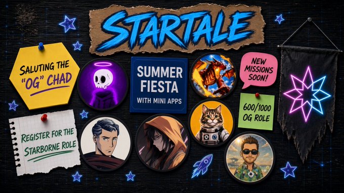 A promotional graphic for 'STARTALE Summer Fiesta' features various character icons including a skull with halo, a hooded figure, and a cat, with sticky notes reading 'Saluting the OG Chad', 'Register for the Starborne Role', and 'New Missions Soon!'.