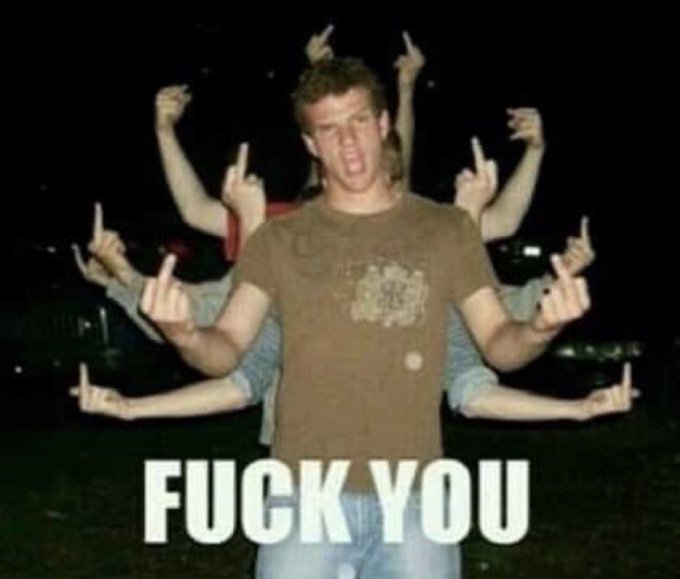 A meme image showing a young man making an aggressive expression with multiple arms extending from behind him, each making middle finger gestures, with the text 'FUCK YOU' below.