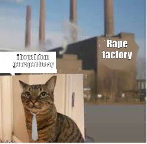A meme featuring a cat wearing a tie with the text 'I hope I dont get raped today' superimposed on an industrial building labeled 'Rape factory.'