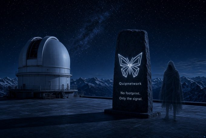 A nighttime scene showing an observatory dome on a mountaintop next to a stone monolith with a glowing butterfly logo and the text "Quipnetwork - No footprint. Only the signal," with a hooded figure standing beside it under a starry sky.