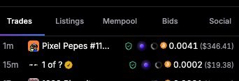 A dark-themed cryptocurrency or NFT trading interface displays recent Trades, including a "Pixel Pepes #11..." entry showing 0.0041 (~$346.41) from 1 minute ago, alongside a 15-minute old trade featuring an emoji and "1 of ?" with a value of 0.0002 (~$19.38).