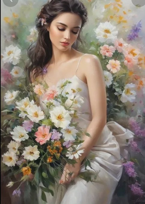 The image features a beautiful young woman wearing a white dress holding flowers. The background of the painting is filled with various colors, including shades of pink, yellow, and purple. The artist has used this colorful backdrop to create an artistic and visually appealing piece that captures attention. The caption provided in the image seems to be related to the post about building, contributing, and growing with intention. It suggests that the woman's presence in the painting symbolizes a celebration or a moment of joyous growth, as indicated by the artist's choice of colors and composition.