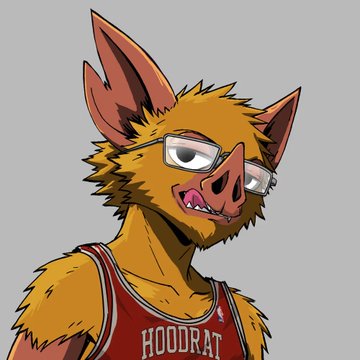 A cartoon bat character wearing glasses and a red jersey labeled "HOODRAT".