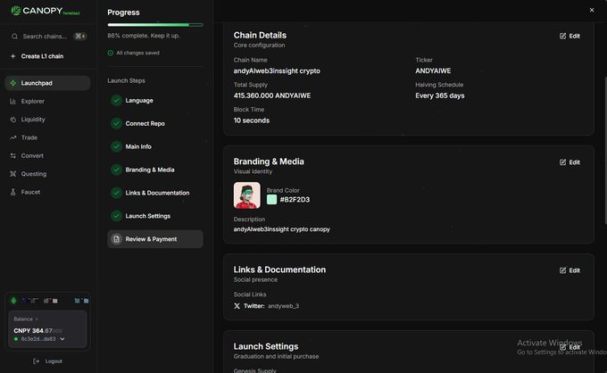 This screenshot from the CNPY Network interface displays a 'Progress' section indicating that the setup is 86% complete. It shows a detailed list of the steps that have been completed, including language setup, repo connection, main info, branding and media, links and documentation, which suggests this is a preparatory setup for a blockchain project. Additionally, the post highlights the network's critique of traditional multi-chain routing systems' economic inefficiencies, which can be related to the comprehensive setup process shown in the image, aiming to avoid similar issues in their native asset by providing a more cost-effective solution.